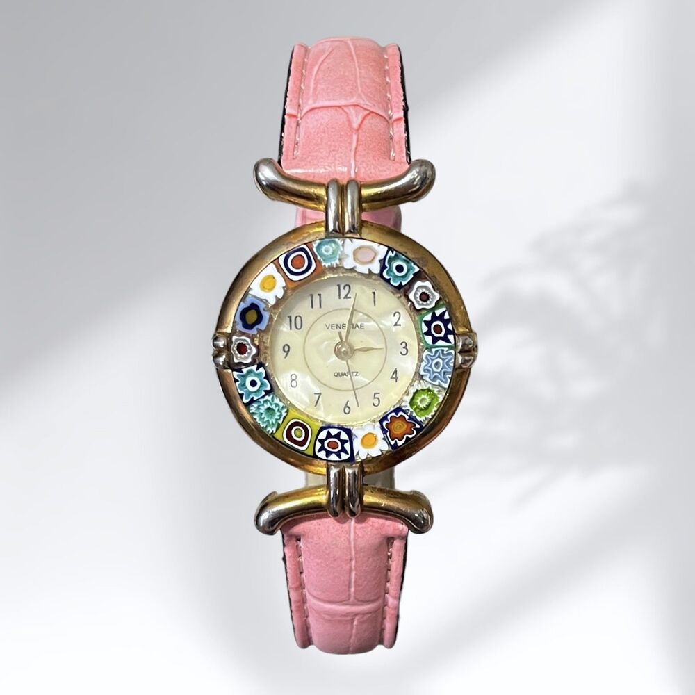Venetiae Murano Millefiori Glass Quartz Wristwatch Womens Pink Strap Croc Style